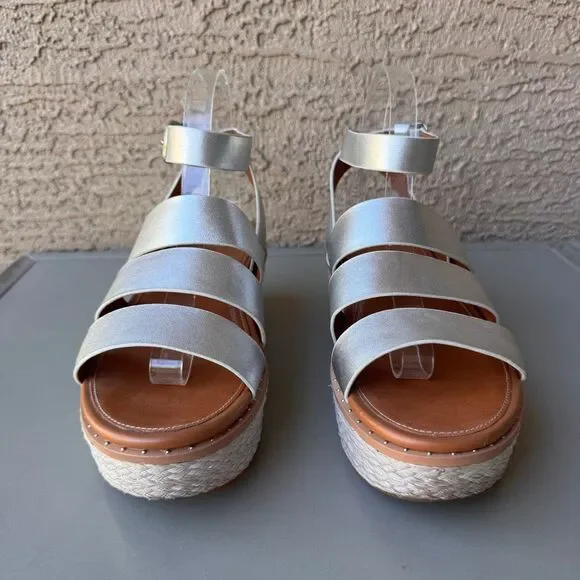 FitFlop Eloise Wedge Sandals Womens Size 8 Silver Platform Espadrille Strappy - Picture 2 of 15